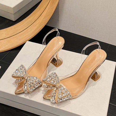 Slingback Crystal Bowknot Pumps for Women - Elegant Pointed Toe Heels for Weddings and Prom